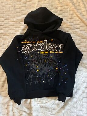 Black  Script Hoodie with Spiderweb & Star Accents